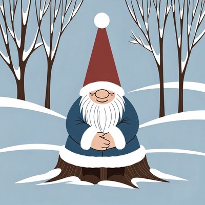 Smiling garden gnome in snowy forest