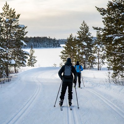 Two Cross-Country Skiers on Snowy Trail