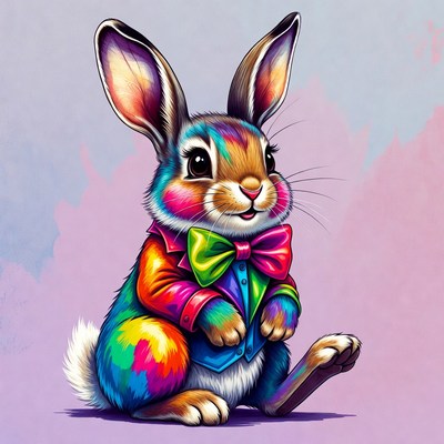 Rainbow Bunny Wearing Green Bowtie