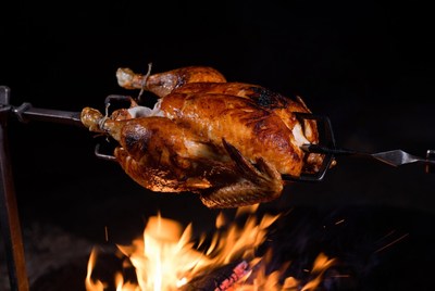 Roast Chicken on Spit over Fire
