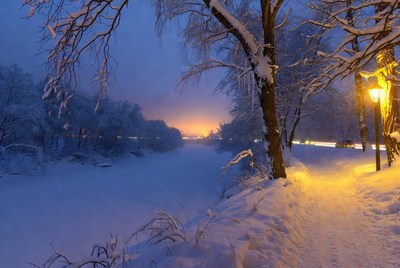 Snowy Path with Glowing Street Lamp