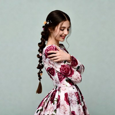 Girl in rose print dress with braid