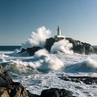 Lighthouse Amid Crashing Ocean Waves