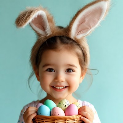 Toddler girl with bunny ears holding Easter eggs