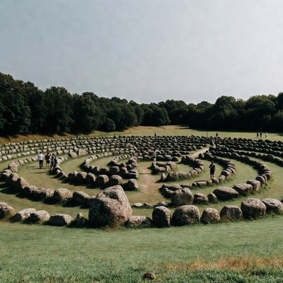 People walking in stone labyrinth