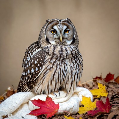 Short-eared Owl on Autumn Leaves