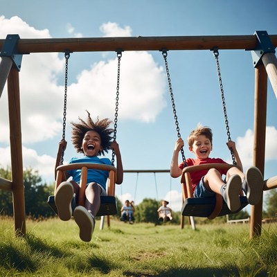 Black girl and white boy swinging