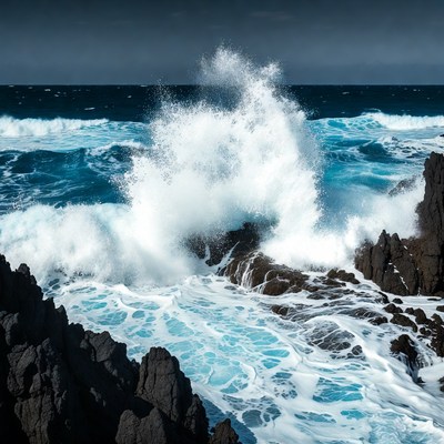 Ocean Waves Crashing on Rocks