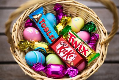 Easter Basket with Chocolate Eggs and Candy