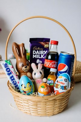 Easter Basket with Chocolates and Drinks