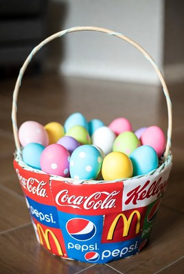 Easter Basket with Dyed Eggs and Soda Brands