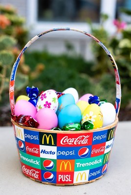 Easter Basket with Colored Eggs and Fast Food Logos