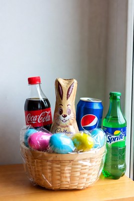 Easter basket with chocolate bunny and sodas