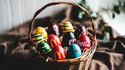 Colorful Branded Easter Eggs in Wicker Basket