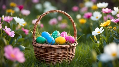 Colorful Easter eggs in wicker basket