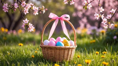 Easter Basket with Colored Eggs in Spring Grass