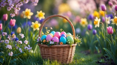 Easter Basket with Colorful Eggs in Flower Garden