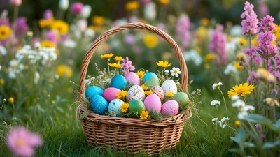 Easter Basket with Colored Eggs in Flowers