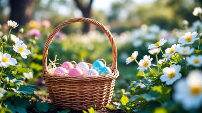 Easter Basket with Colored Eggs in Flowers