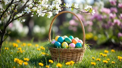 Easter Basket with Colored Eggs in Grass