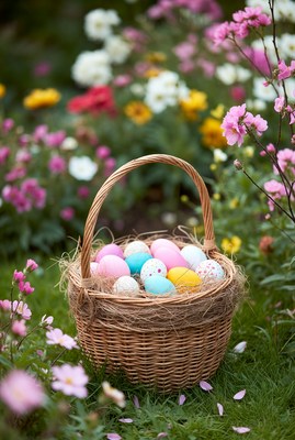 Wicker basket of colorful Easter eggs