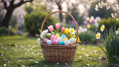 Easter Basket with Colored Eggs and Tulips