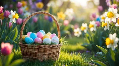 Easter Basket with Colored Eggs in Tulip Garden