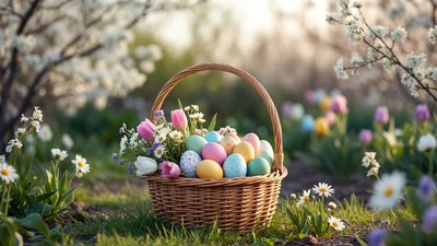 Easter Basket with Colored Eggs and Flowers