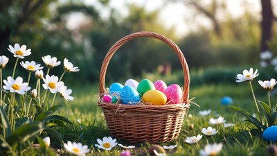 Wicker basket of colorful Easter eggs