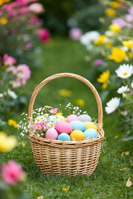 Wicker basket of colorful Easter eggs