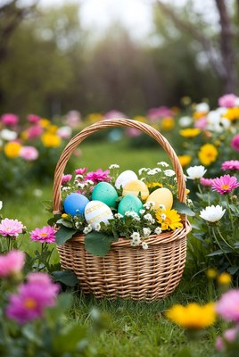 Wicker basket with colorful Easter eggs