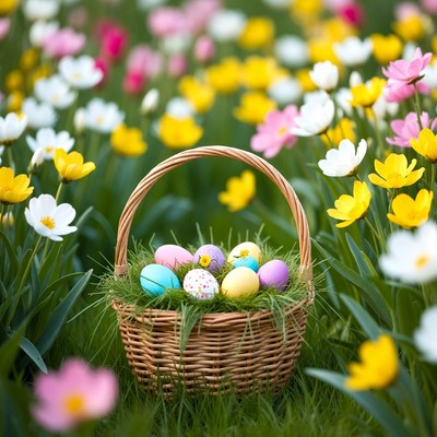 Easter Basket with Colored Eggs in Flower Field