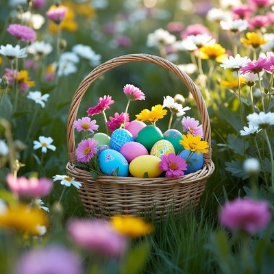 Easter Eggs Basket in Flower Field