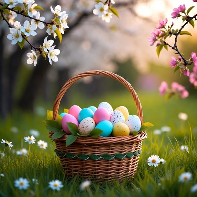 Wicker Basket of Colorful Easter Eggs