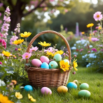 Colorful Easter eggs in basket with flowers