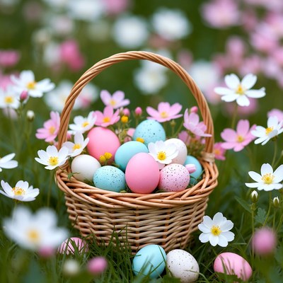 Wicker basket of colorful Easter eggs