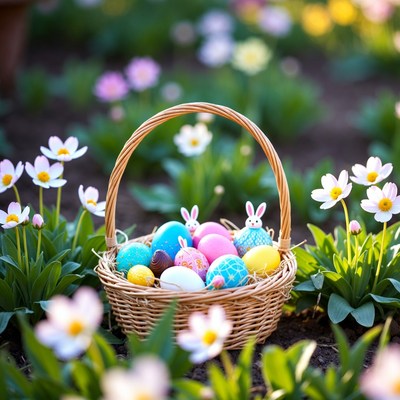 Easter Basket with Colored Eggs and Flowers