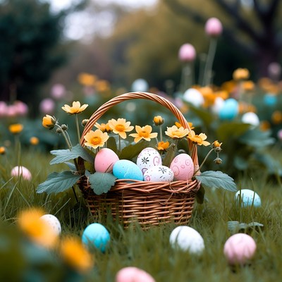 Wicker basket with colorful Easter eggs