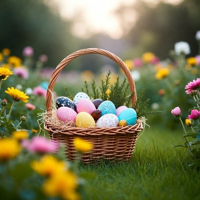 Easter Basket with Colored Eggs in Flower Garden