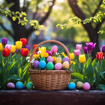 Easter Basket with Colored Eggs and Tulips