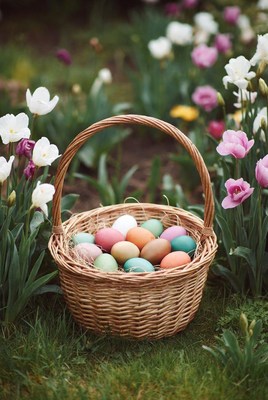 Wicker basket of colorful Easter eggs in garden