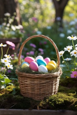 Colorful Easter eggs in wicker basket