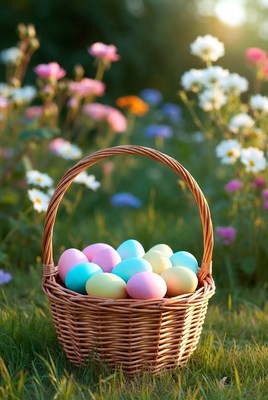 Wicker basket of colorful Easter eggs