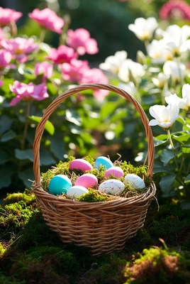 Easter basket with colored eggs