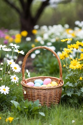 Wicker basket with colorful Easter eggs