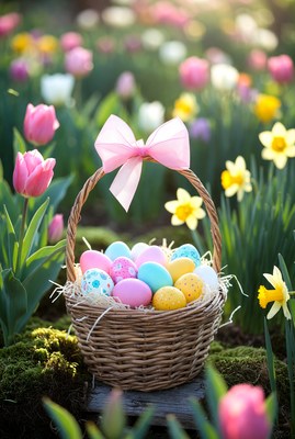 Easter basket with colorful eggs
