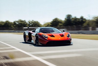 Red Supercar Speeding on Racetrack