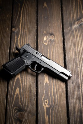 Black pistol on wooden surface