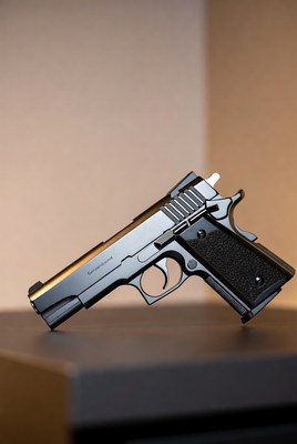 Black 1911 Pistol on Table
