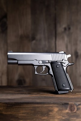 Silver Pistol on Wooden Surface